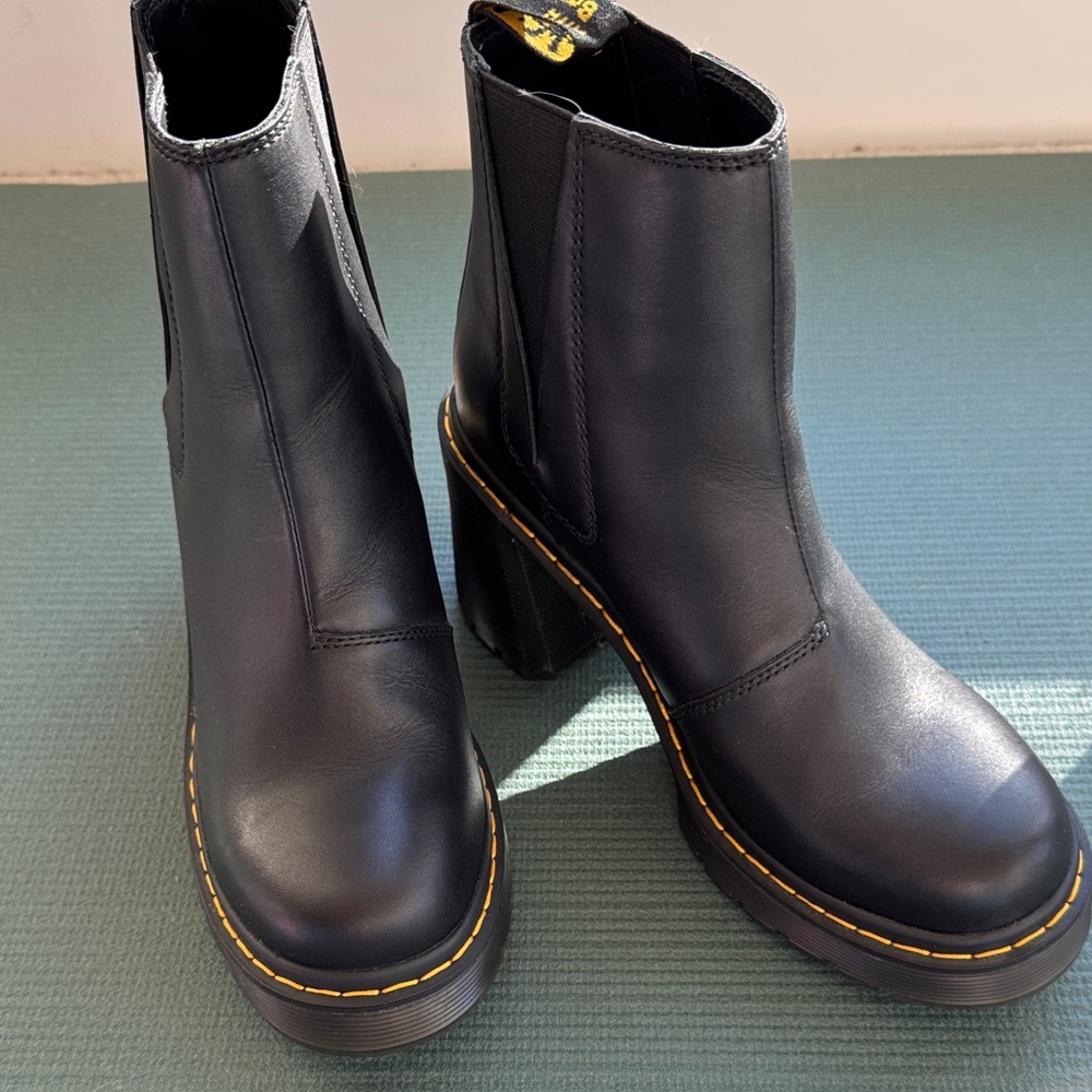 Dr. Martens Black Leather Platform Heeled Boots with Yellow Stitching